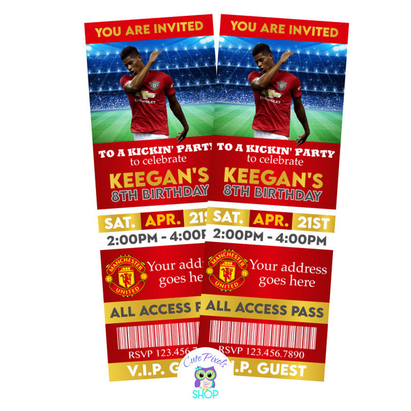Manchester United Birthday Invitation as a ticket with  Rashford on it. Choose your Manchester United player