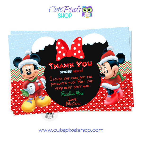 Minnie Mouse and Mickey Mouse Christmas Thank You Card. Mickey and Minnie  wearing a christmas outfit next to a Minnie Head with bow having al party info in a mix of red, green and white for a Christmas mood. Includes child's photo.