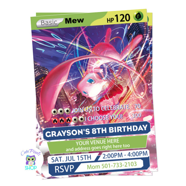 Pokemon trading card invitation for a Pokemon Birthday party with the trading card design featuring Mew. Blue