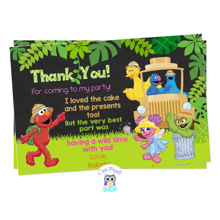 Sesame street safari thank you card with Elmo, Cookie Monster, Big Bird, Grover, Abyy and Oscar ready for a Safari