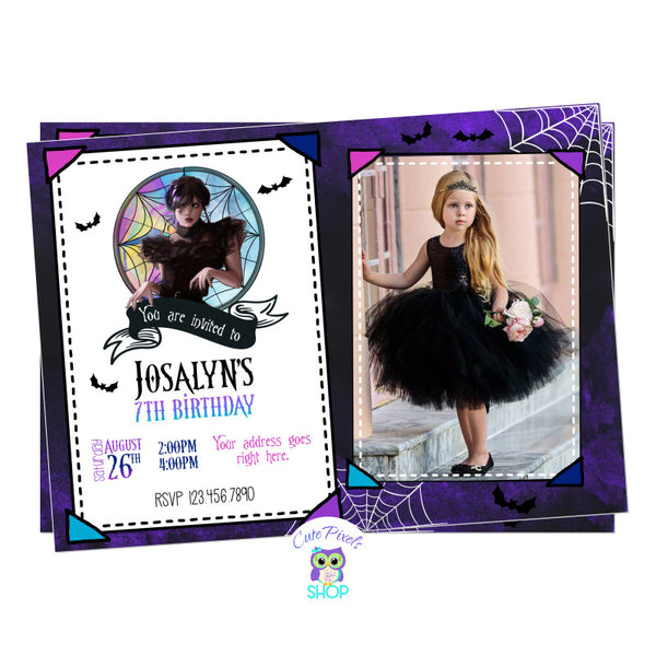 Wednesday Addams invitation in a scrapbook style, perfect for a Wednesday Addams Birthday Party. Includes child's photo.