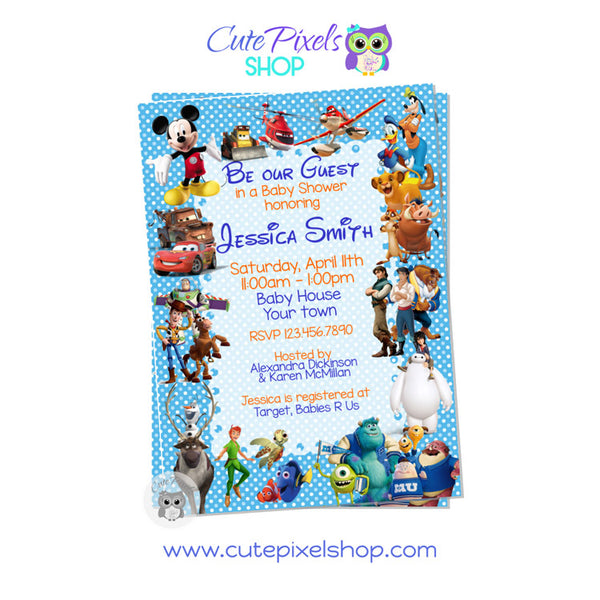 Baby Shower Invitation for Boys with all Disney Characters, blue
