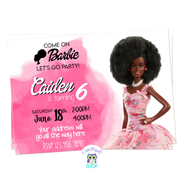 Barbie Invitation with and African American Barbie doll, perfect for you Barbie Birthday Party. Pink watercolor background with and African American Barbie
