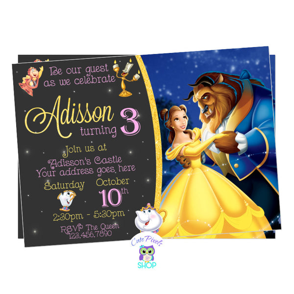 Beauty and The Beast invitation. Princess Belle Birthday Invitation in pink, yellow and gold. Includes a picture of Beauty and the beast dancing with Mrs. Potts, Chip, Lumiere and Cogsworth