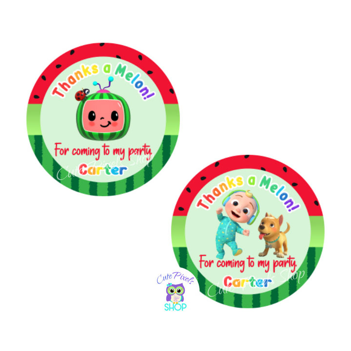 Cocomelon thank you tags, round tags for Cocomelon party favors in red with a watermelon pattern and the Cocomelon logo, Baby JJ and Bingo. Thanks a Melon text like cocomelon logo