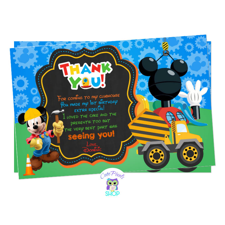 Construction party thank you card with mickey mouse, contruction truck and signs, perfect to close your Mickey mouse contruction party and thank all your guests for coming