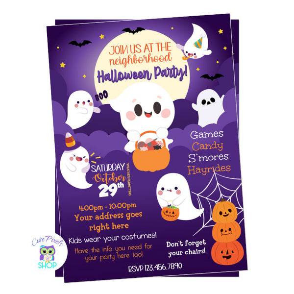 Halloween Party Invitation full of cute ghosts, purple background, the moon, clouds, bats and stars. perfect for your Halloween party