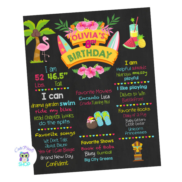 Hawaiian birthday sign, chalkboard for milestones. perfect for a Hawaiian party or Luau Birthday. Bright colors and Hawaiian images