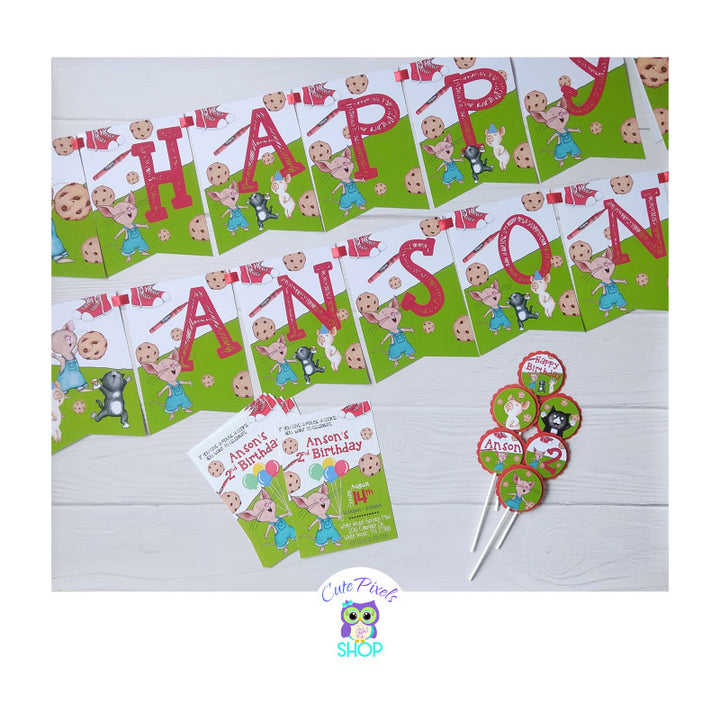 If you give a mouse a cookie birthday banner, Cupcake Toppers and Invitations printed, to decorate your party with Mouse, Cat, Pig and cookies. Printed and shipped