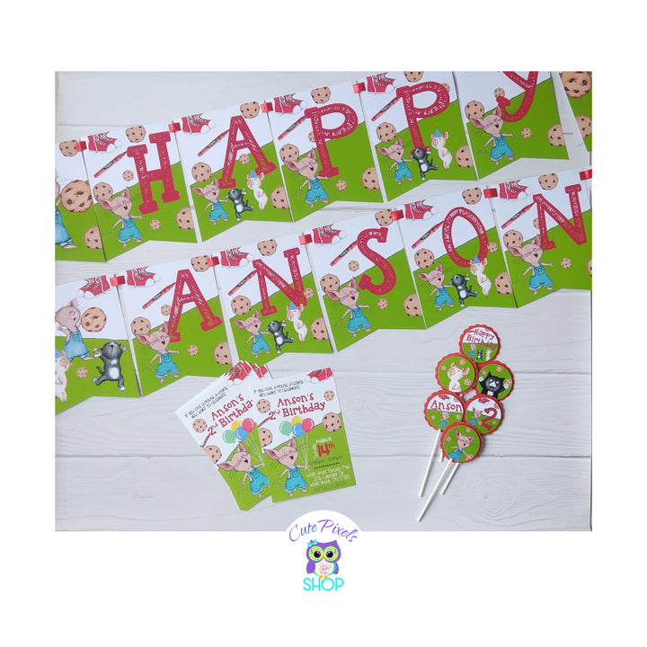 If you give a mouse a cookie birthday banner. Bunting banner to decorate your party with Mouse, Cat, Pig and cookies. Printed and shipped