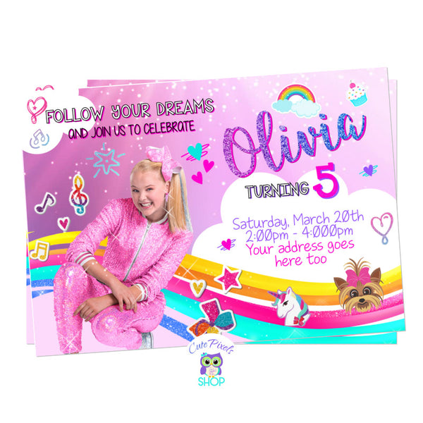 JoJo Siwa Birthday Invitation for a perfect JoJo Siwa Party full of pink. Rainbows, Glitter, Unicorns, Hearts and cute JoJo siwa