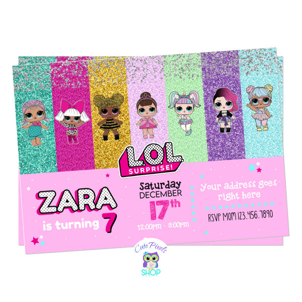 LOL Surprise invitation, with many LOL Surprise dolls, each with a different glitter background.