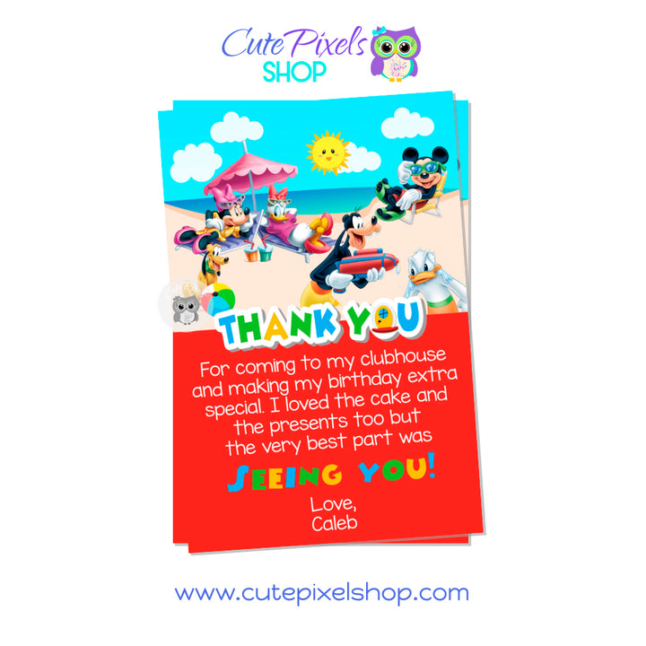 Mickey Thank You Card for a Summer party. All Mickey Mouse clubhouse friends are enjoying summer in a the beach. Mickey Mouse, Minnie Mouse, Donald, Daisy, goofy and Pluto in the beach wearing swimwear. Red design