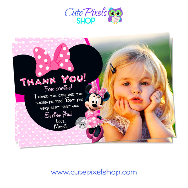 Minnie Mouse Thank you card with pink and hearts background and Minnie Head with pink Bow. Includes child's photo