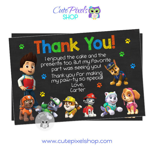 Paw Patrol thank you card with all Paw patrol dogs on it, colorful paws and a chalkboard background