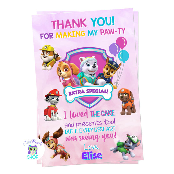 Paw patrol thank you card for girl in pink, purple, teal and girly colors. With Sky, Marshall, Liberty, Everest and all Paw patrol characters