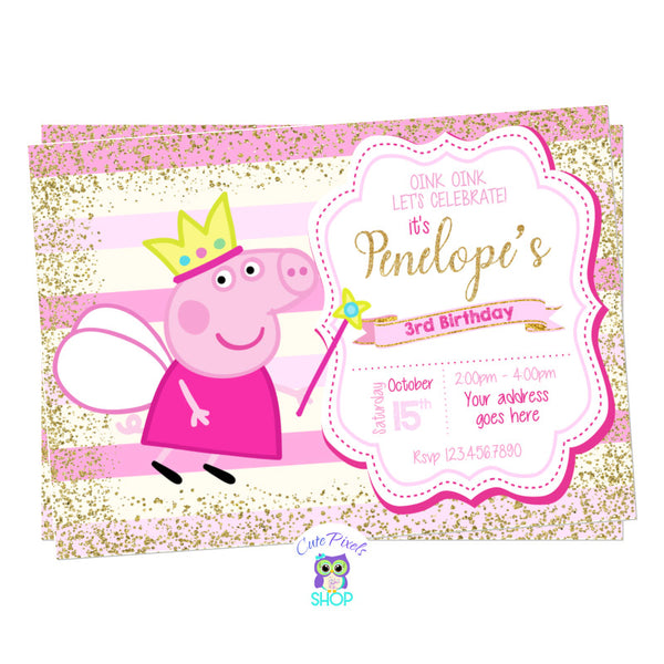 Peppa Pig invitation, Fairy Birthday invitation. Peppa pig as fairy in a cute, pink and gold background