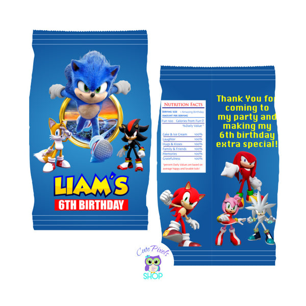 Sonic chip bag wrappers to decorate your dessert table at your Sonic the hedgehog birthday party.