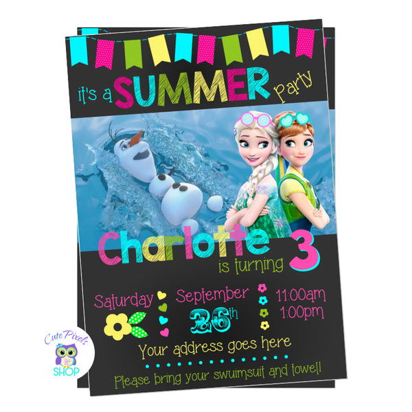 Frozen Invitation for a Summer Birthday party with Olad swimming in a Pool, Elsa and Anna wearing sunglasses. Colorful text and bunting banners in a chalkboard background.