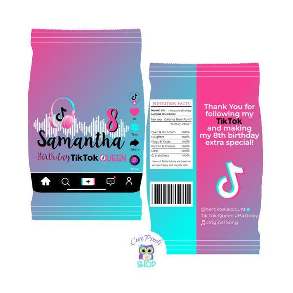 TikTok chip bag wrappers in pink and turquoise perfect to use as party decorations for a Birthday TikTok Queen