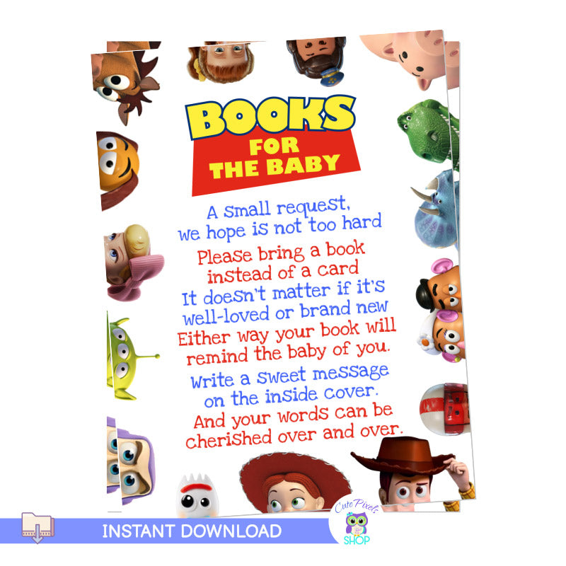 Toy Story Bring a Book Card White - Baby Shower – Cute Pixels Shop for Bring A Book Instead Of A Card Free Printable