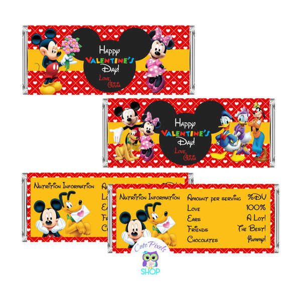 Valentine's Day Candy Bar wrapper with Mickey Mouse, Minnie Mouse and all clubhouse friends in a cute red background with hearts, perfect to wrap your chocolates and spread love, friendship and sweetness.