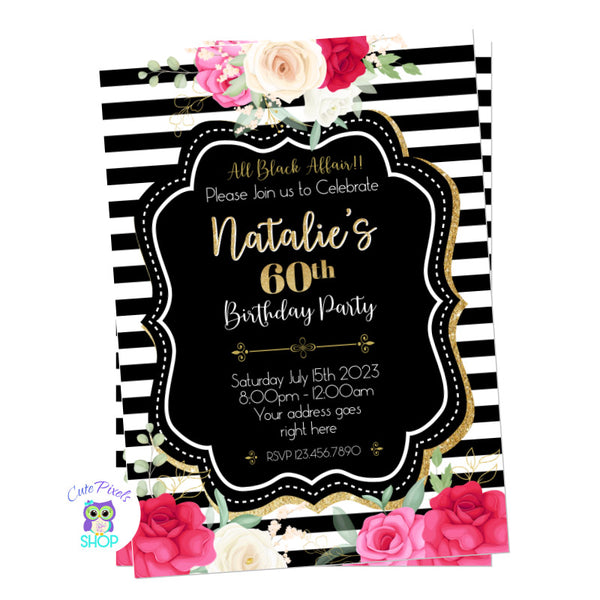 All black affair invitation for an adult birthday party with black and white stripes, roses and gold touches.