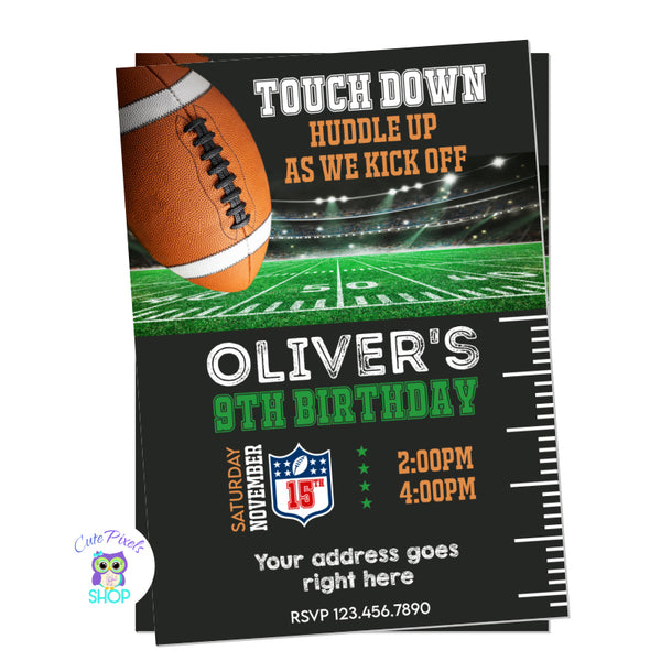 Football Invitation with a Football ball and field. Perfect for an American Football fan.