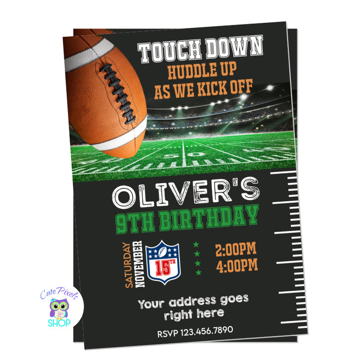 Football Invitation with a Football ball and field. Perfect for an American Football fan.