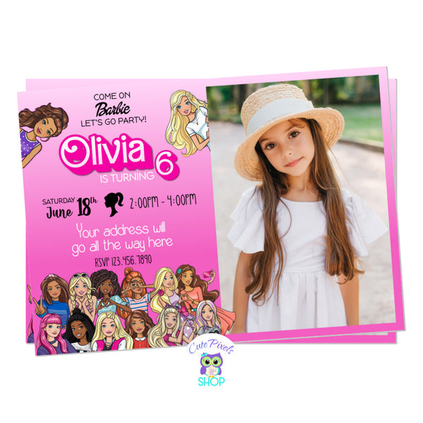 Barbie Invitation with lots of Barbie Dolls on it and a pink background. Includes child's Photo