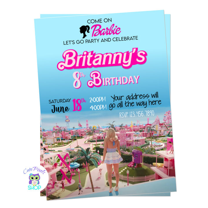 Barbie Movie Invitation with Margot as Barbie and the Barbie city on the back. Perfect for your cute Barbie girl. Blue Design