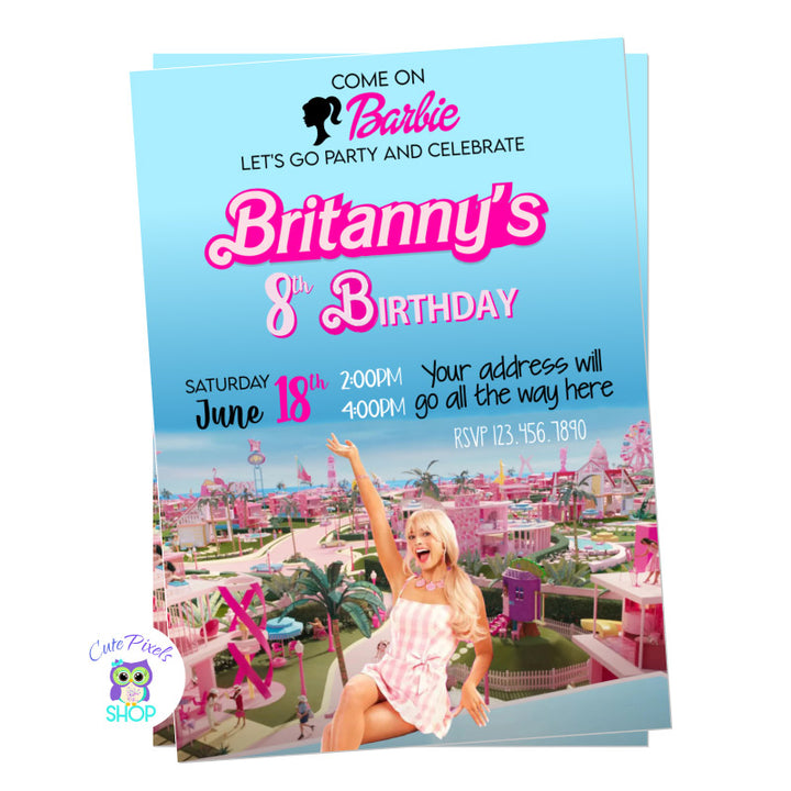 Barbie Movie Invitation with Margot as Barbie and the Barbie city on the back. Perfect for your cute Barbie girl. Blue Design. Pink Design