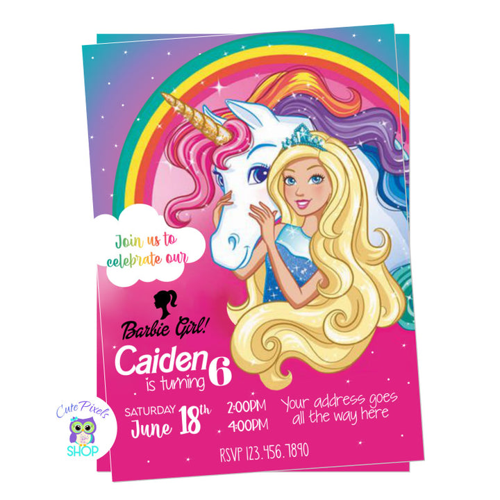 Barbie Unicorn Invitation. Barbie and a unicorn with a rainbow and pink background.