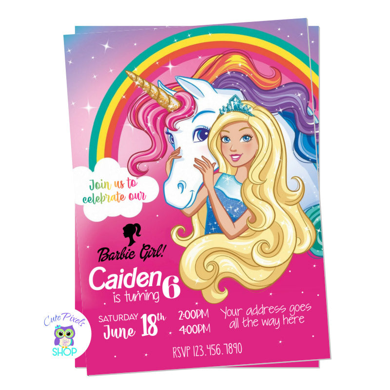 Barbie Invitation - Barbie Unicorn Invitation – Cute Pixels Shop
