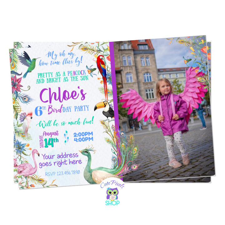 Colorful birthday party invitation with Birds and leaves, perfect for a Bird Birthday. Includes child's photo