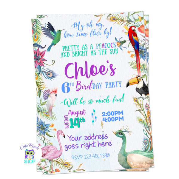 Colorful birthday party invitation with Birds and leaves, perfect for a Bird Birthday