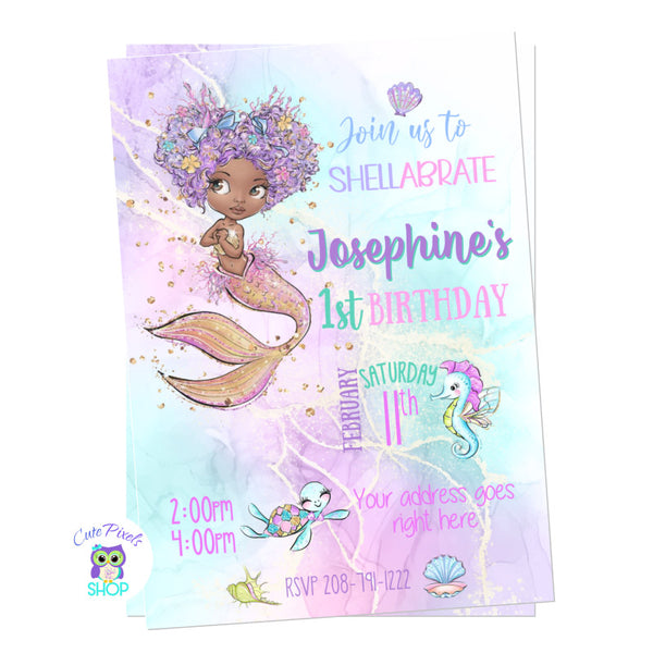 Black Mermaid invitation, African American Mermaid invitation with a cute Black mermaid, seahorse, turtle and some sea shells for a Mermaid Birthday party
