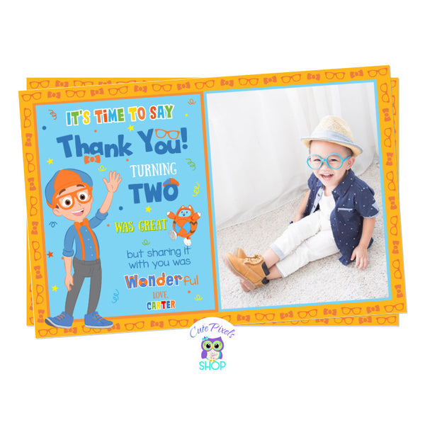 Blippi wonders Thank You Card with Blippi and Orange guy, perfect for a wonders party with Blippi. Includes child's photo