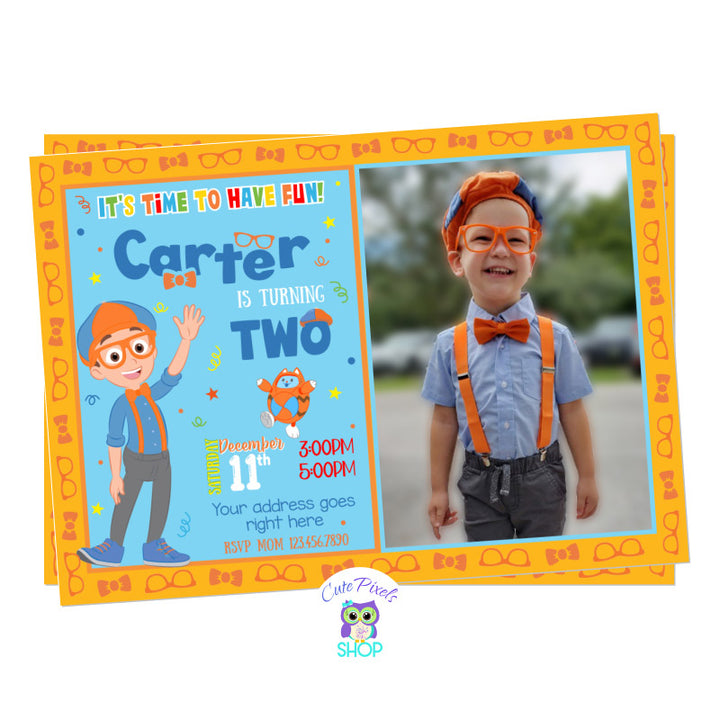 Blippi wonders invitation with Blippi and Orange guy, perfect for a wonders party with Blippi. Includes child's photo