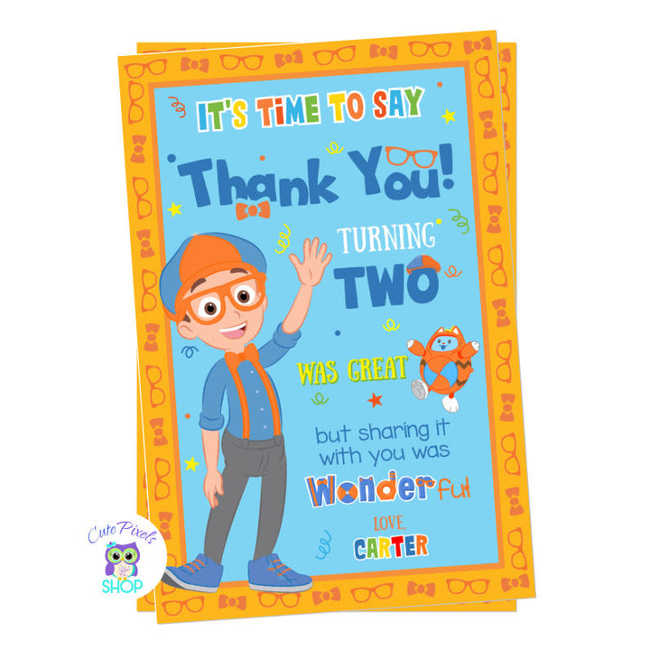 Blippi wonders Thank You Card with Blippi and Orange guy, perfect for a wonders party with Blippi. Includes child's photo
