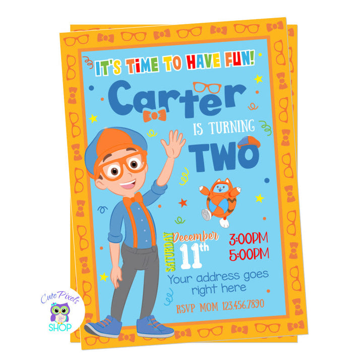 Blippi wonders invitation with Blippi and Orange guy, perfect for a wonders party with Blippi