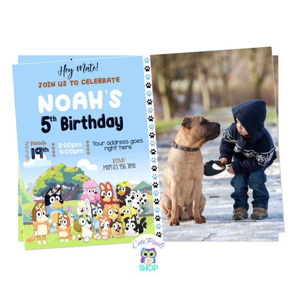 Bluey Invitation with all Bluey dogs in a cute background from Bluey neighborhood. Includes child's photo