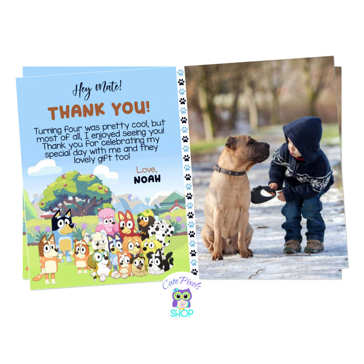 Bluey Thank you card with the Bluey Family and friends. Perfect to thank all your guest on your Bluey Birthday party! Includes child's photo.