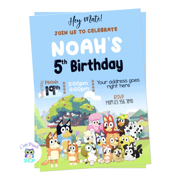 Bluey Invitation with all Bluey dogs in a cute background from Bluey neighborhood.