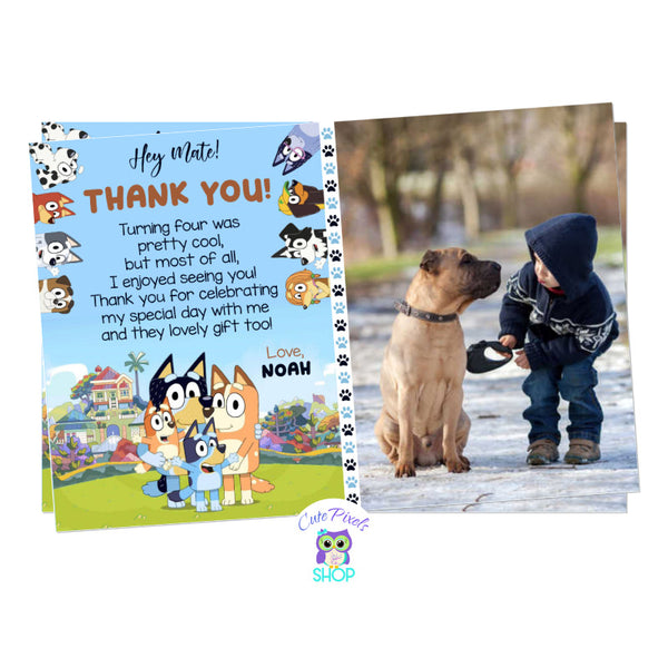 Bluey Thank you card with the Bluey Family and friends. Perfect to thank all your guest on your Bluey Birthday party! Includes child's photo