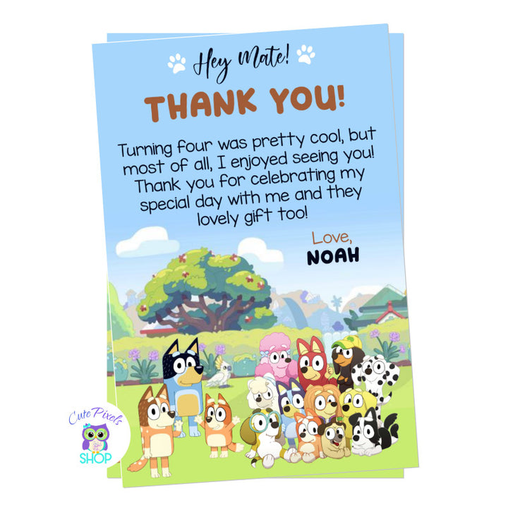 Bluey Thank you card with the Bluey Family and friends. Perfect to thank all your guest on your Bluey Birthday party!