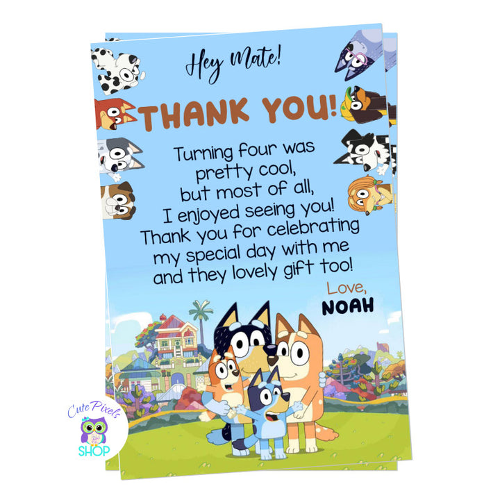 Bluey Thank you card with the Bluey Family and friends. Perfect to thank all your guest on your Bluey Birthday party!