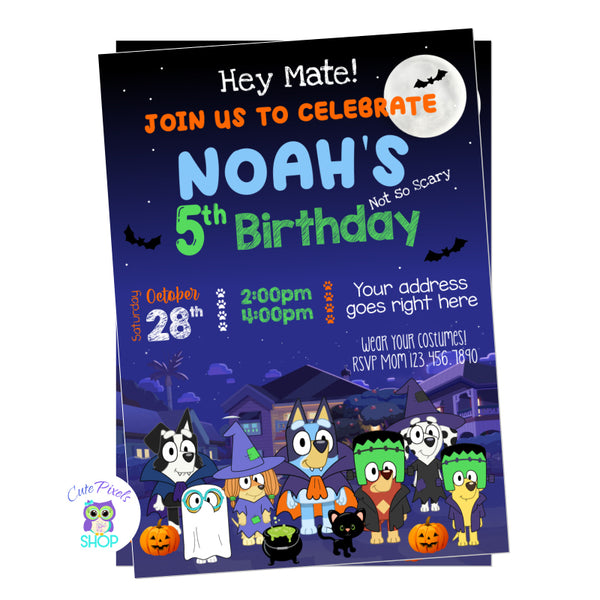 Bluey Halloween Birthday Invitation with Bluey and all his dog friends wearing their costumes for a Halloween party!