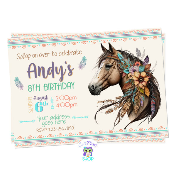 Boho horse invitation with a beautiful horse and a boho design