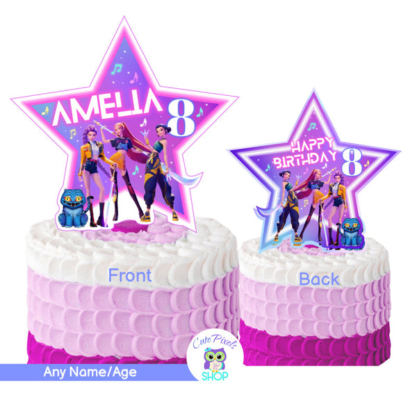 K-Pop Demon Hunters Cake Topper with a Mira, Rumi, Zoey and Derpy. Bright Colors
